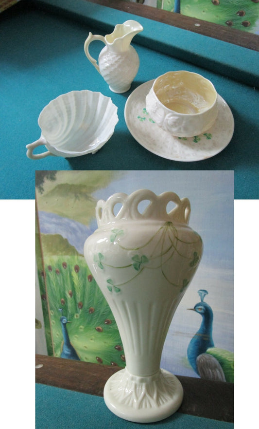 BELLEEK CREAMER SUGAR SAUCER 5 PCS UNMATCHED SET AND VASE PICK 1