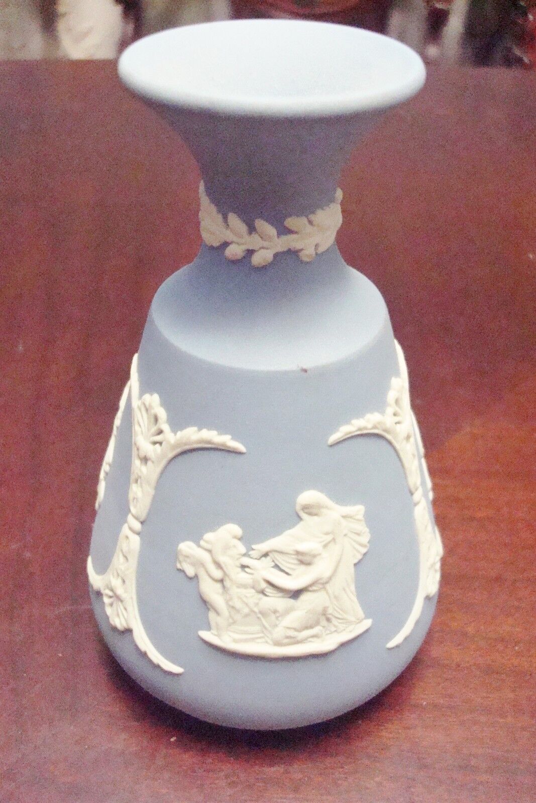 Wedgwood Blue Jasperware vase, classic decoration in white, 5" tall[A*4WHITEBX]