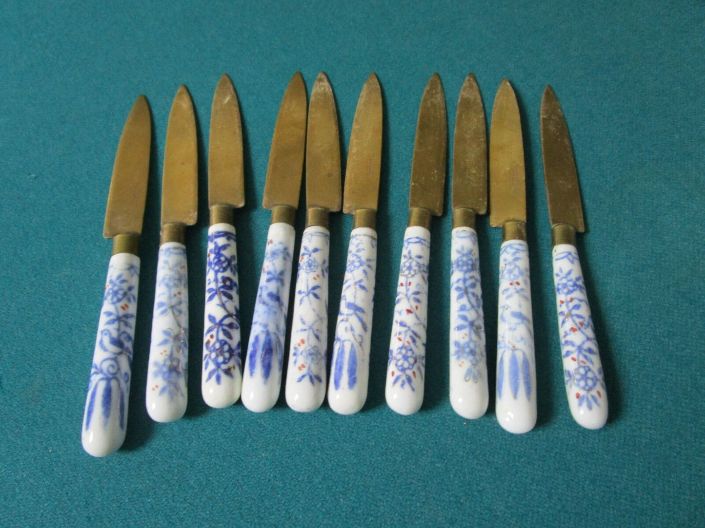 Antique 10 Fruit Knives Blue White China Handles Brass Blades Bohemia Czech.6"