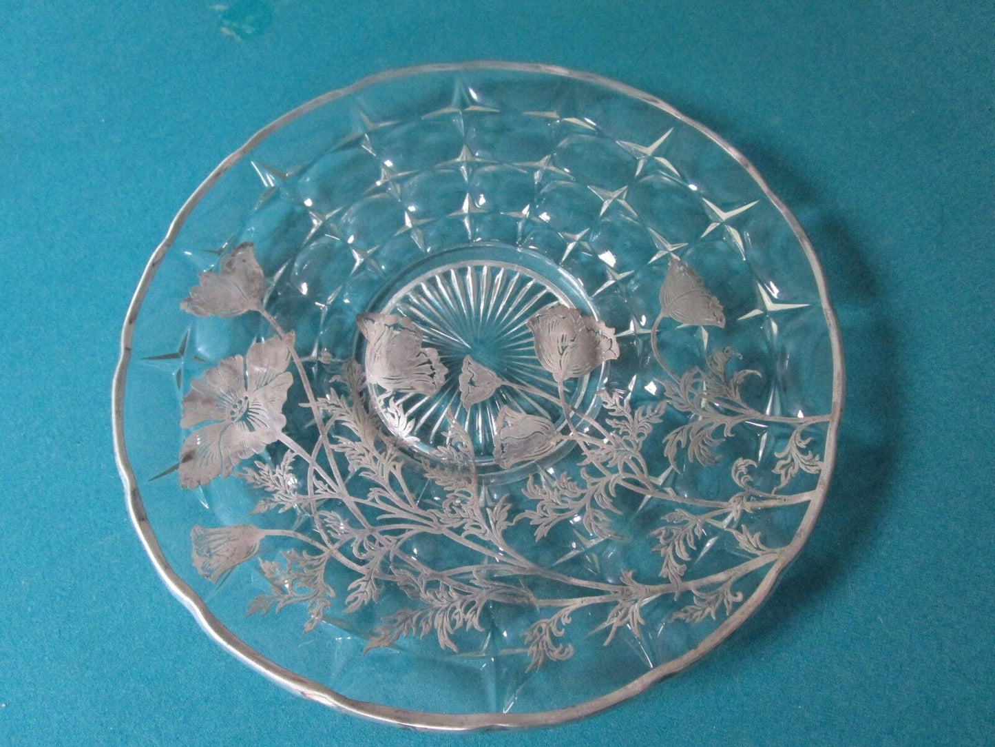 Silver City sterling overlay large round tray Flanders Poppies, 13" diam [a*5C]