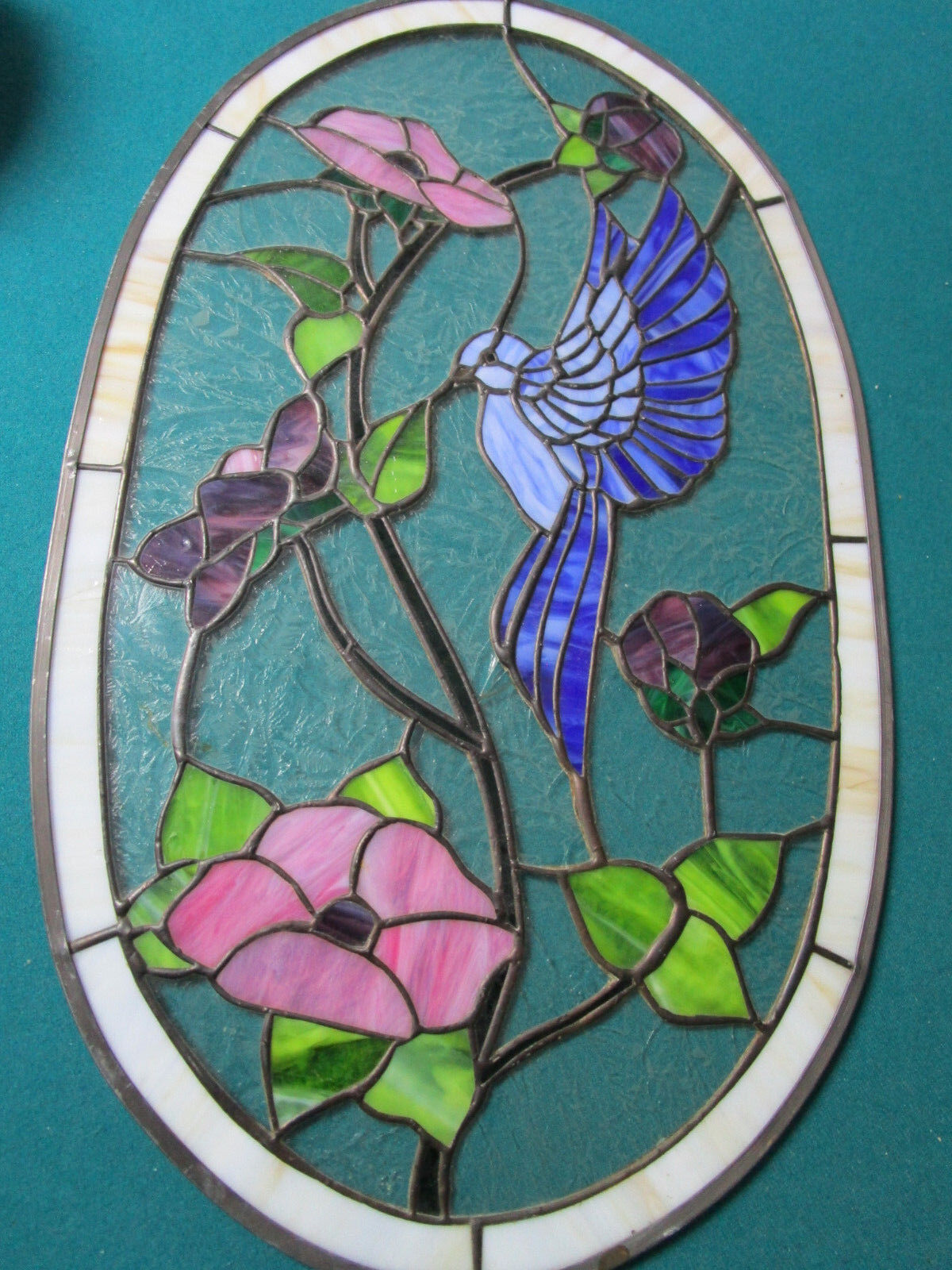 Tiffany Style Stained  GLASS FLOWERS AND HUMMINGBIRD 22 X 13"