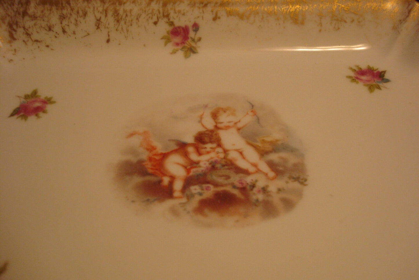 ALFRED LANTERNIER & Cie Limoges, vanity tray cherubs and roses[TOP100]