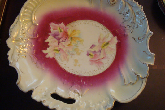 Unmarked German Platter (RS?) beautiful decorations with pink yellow orchids[B32