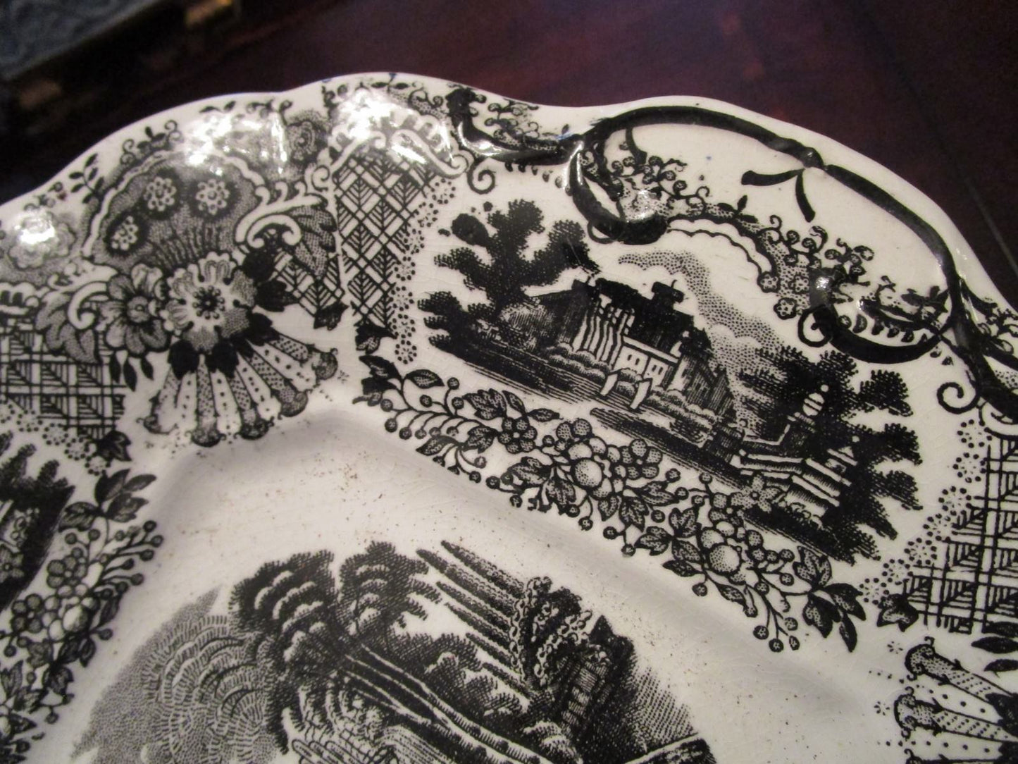 ANTIQUE 1800s PICKMAN LA CARTUJA POTTERY VISTAS SPAIN BLACK TRANSFERWARE TRAY