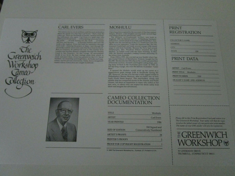 GREENWICH WORKSHOP CAMEO ORIGINAL PRINTS NEW PORTFOLIO MOSHULU SHIP NUMBERD RARE