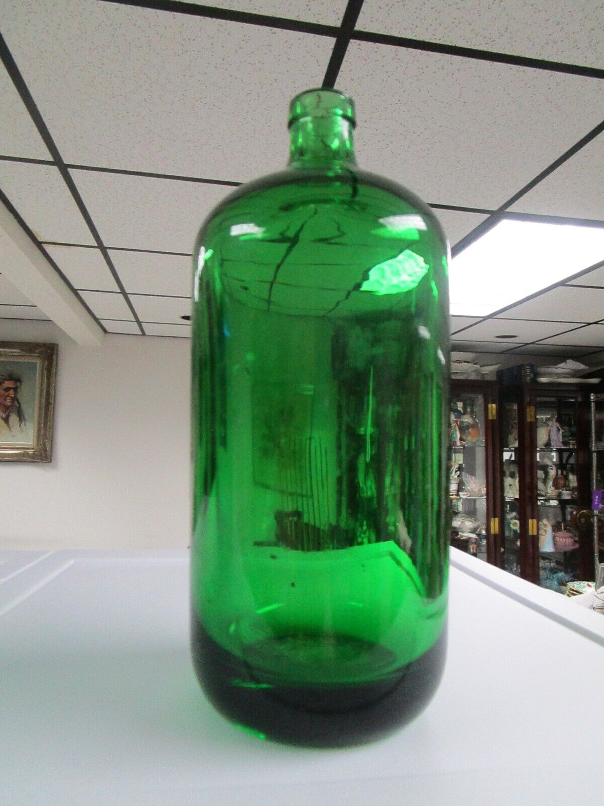 GREEN GLASS BOTTLE MADE IN CZECHOSLOVAKIA 9 1/2"