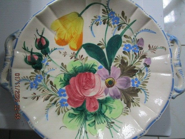 ITALIAN MAJOLICA TRAY FLOWERS TWO HANDLES 12" ^^