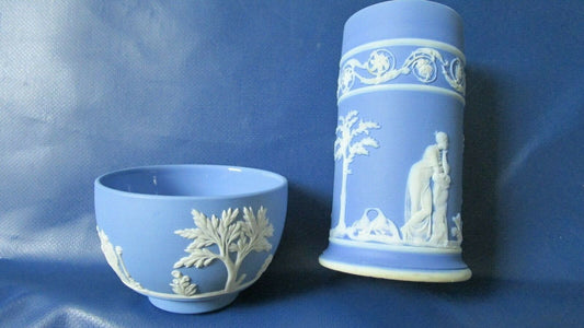 Wedgewood England Vase And Bowl 2 Pcs Blue Jasperware