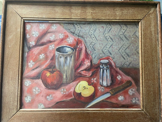 WESLEY LEA STILL LIFE WITH APPLES 1939 OIL ON BOARD ORIGINAL RARE