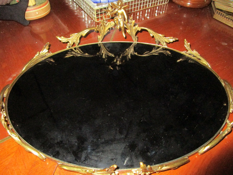 FRENCH ORMULU ANGELS BRASS BLACK GLASS OVAL VANITY TRAY