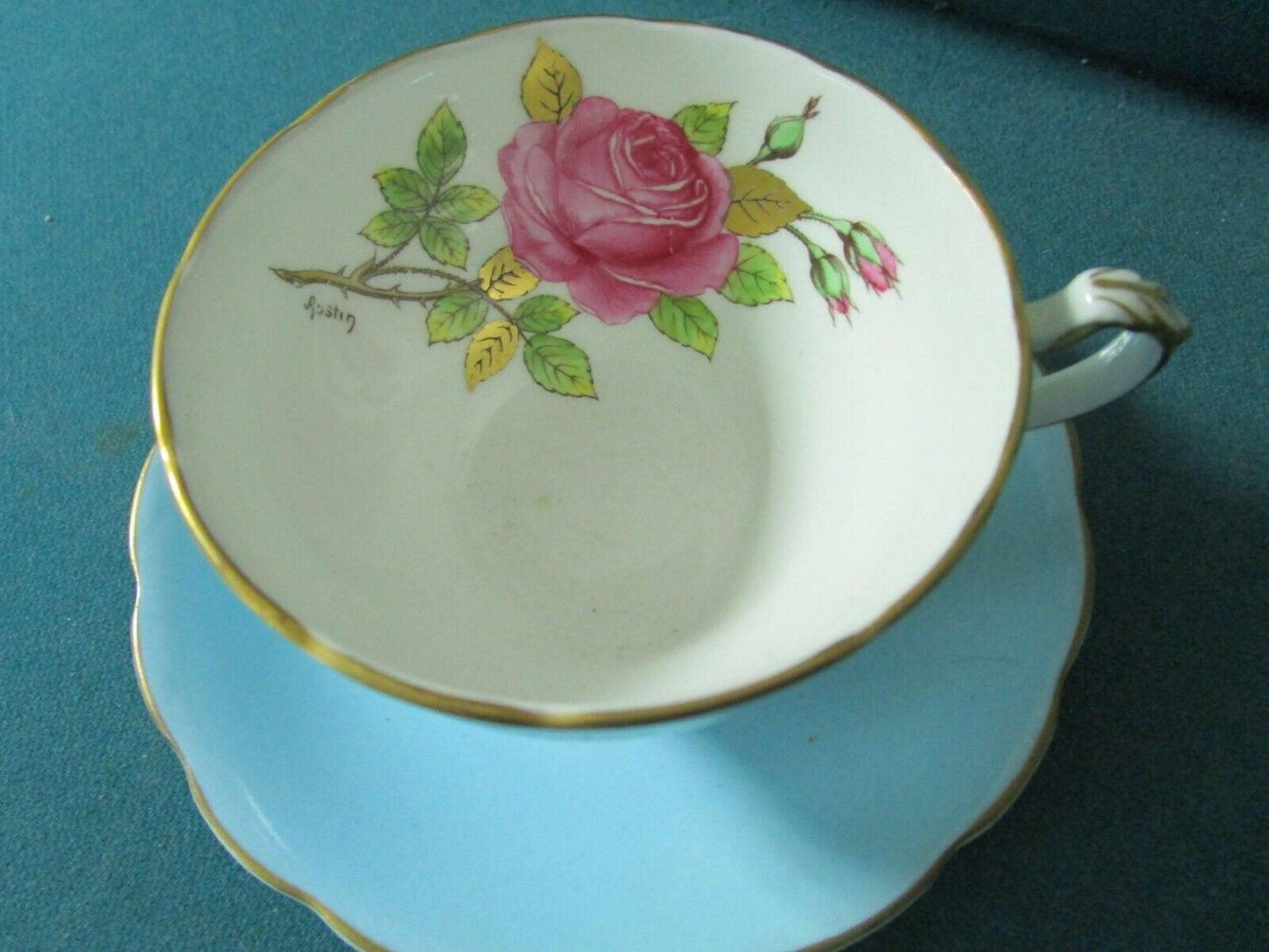 ADDERLEY FLORAL STAFORDSHIRE LIGHT BLUE TEA CUP SAUCER1950s [95B]