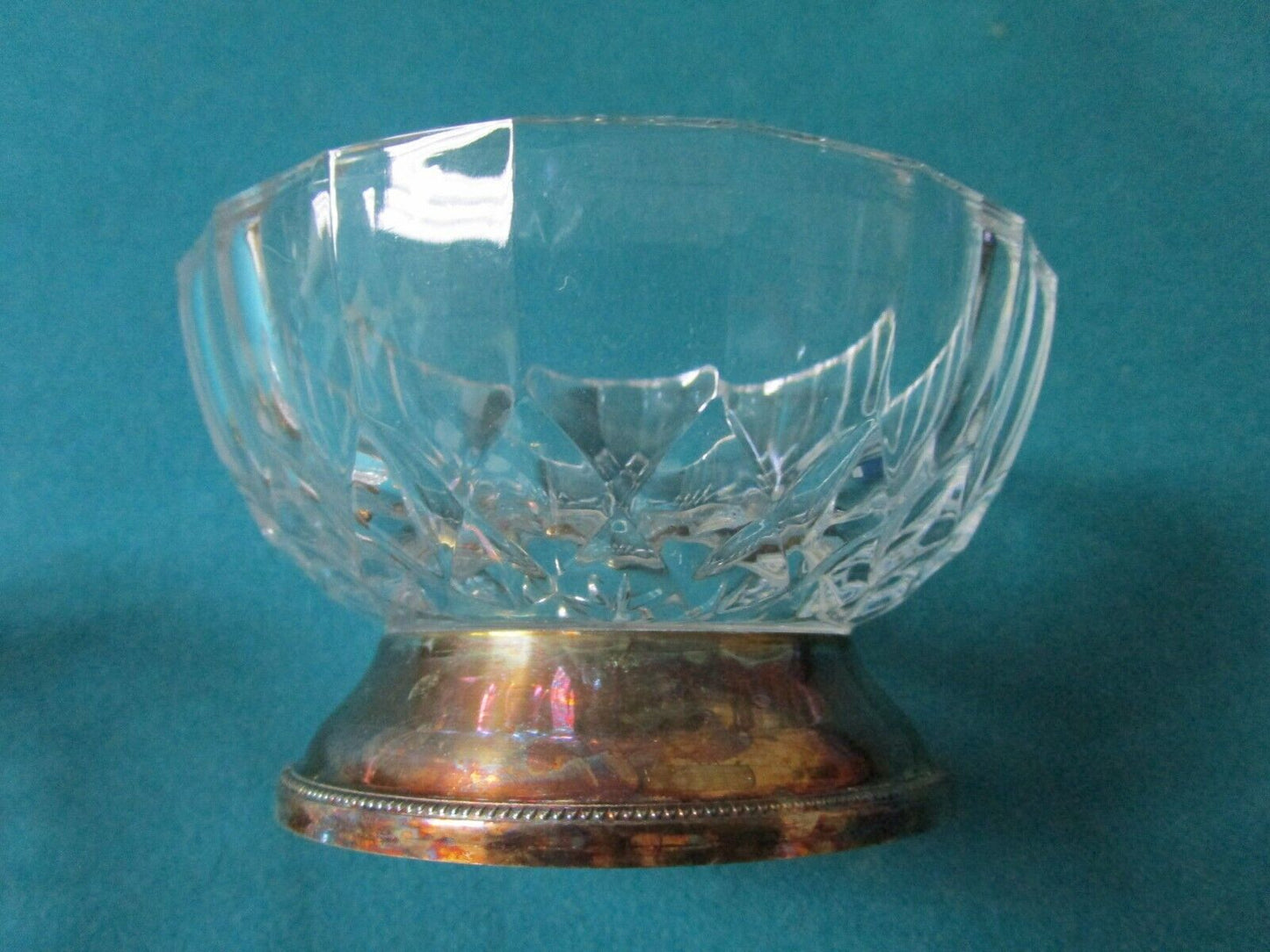 VAL ST LAMBERT FRANCE FOOTED 4 SORBET FRUIT BOWL SILVERPLATE BASE