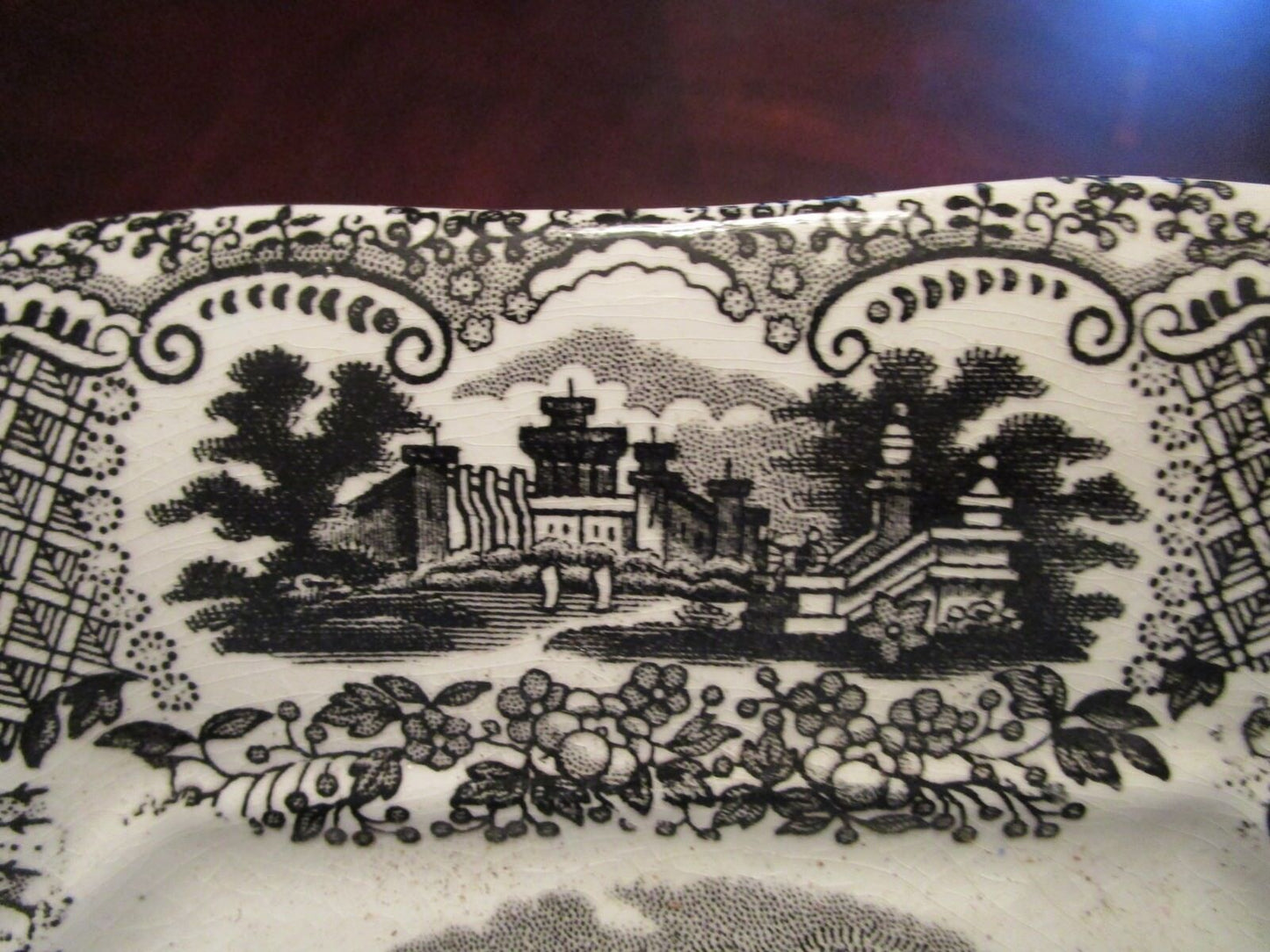 ANTIQUE 1800s PICKMAN LA CARTUJA POTTERY VISTAS SPAIN BLACK TRANSFERWARE TRAY