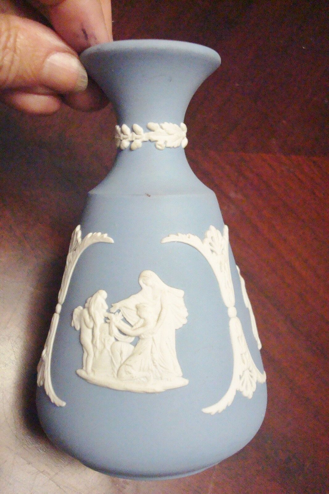 Wedgwood Blue Jasperware vase, classic decoration in white, 5" tall[A*4WHITEBX]