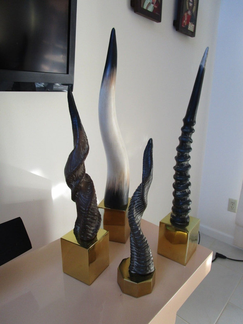 SET OF CERAMIC DECORATIVE HORNS WITH BRASS BASE 24" TO 14" TALL rare