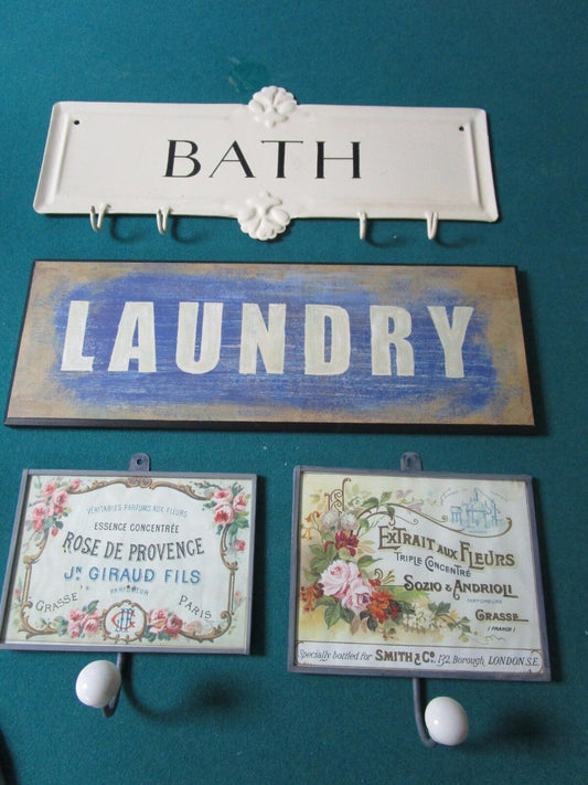 VINTAGE WALL SIGNS: 2 ANTIQUE PHARMACY ONE LAUNDRY ONE BATH WITH HANGERS