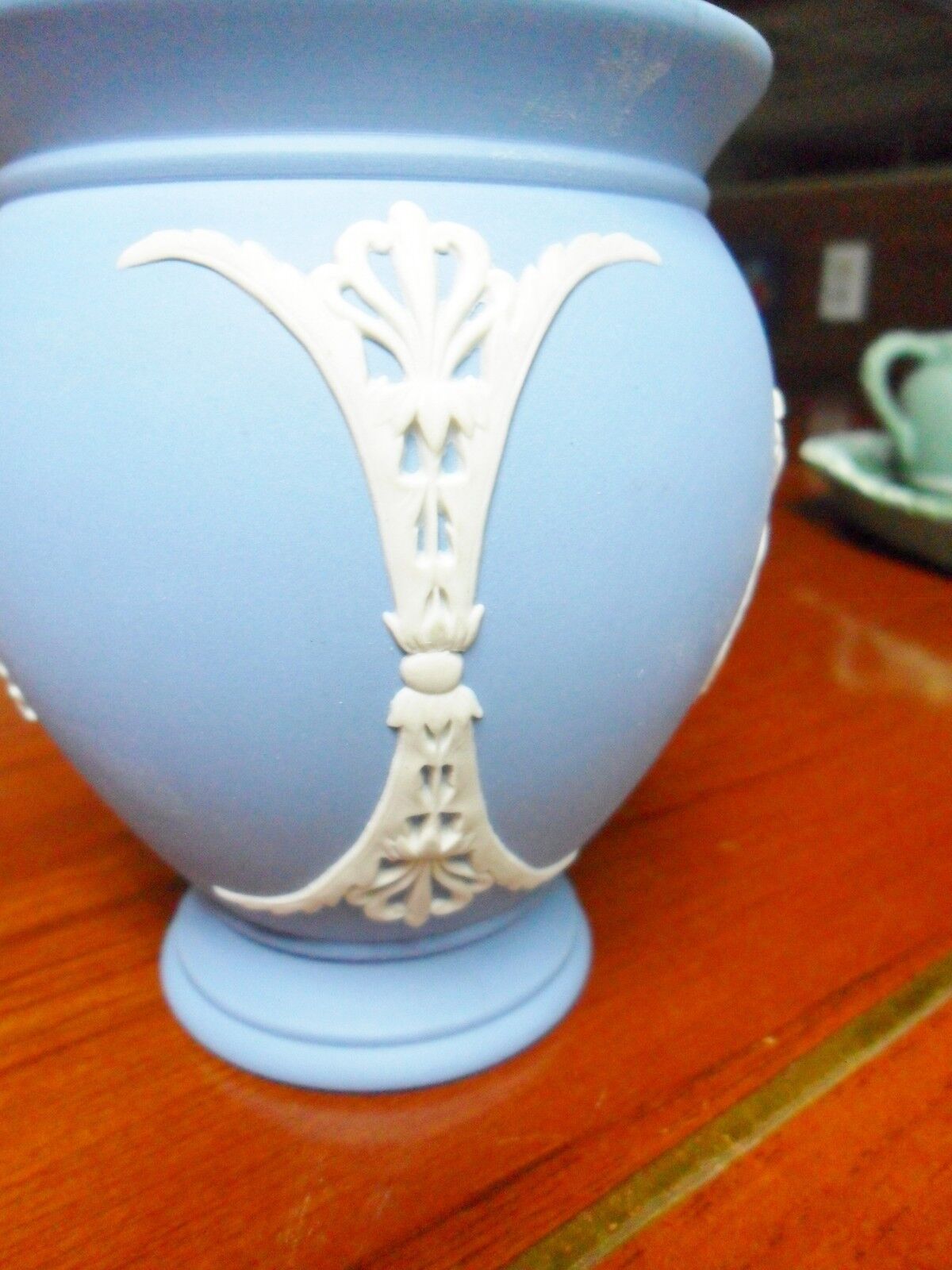 Wedgwood England blue Jasperware vase, white Greek cameo decor,  4"