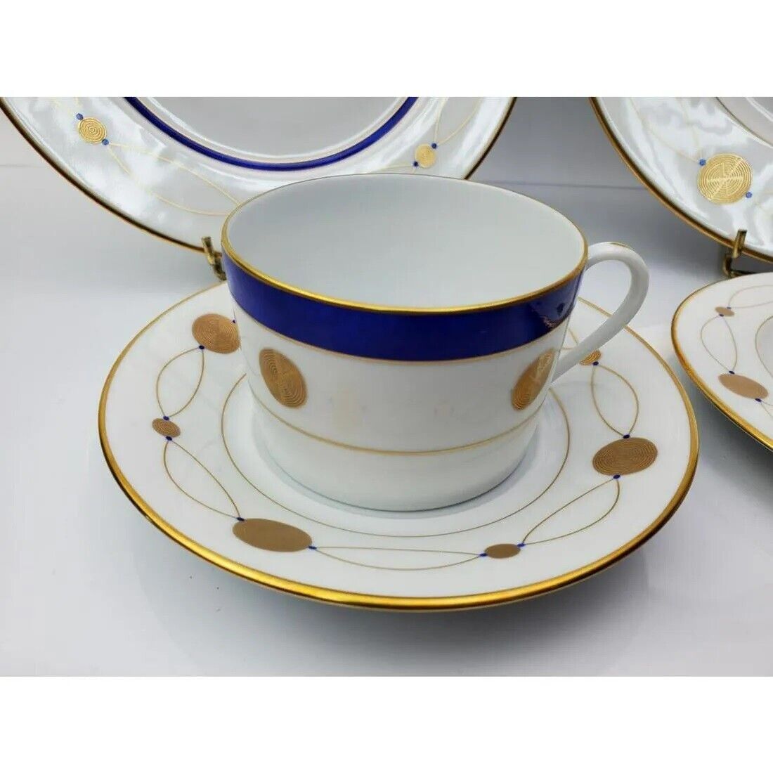 5 Piece Limoge France "Ebotan" Porcelain Set Cup, Saucer, Cake Plate, Dessert