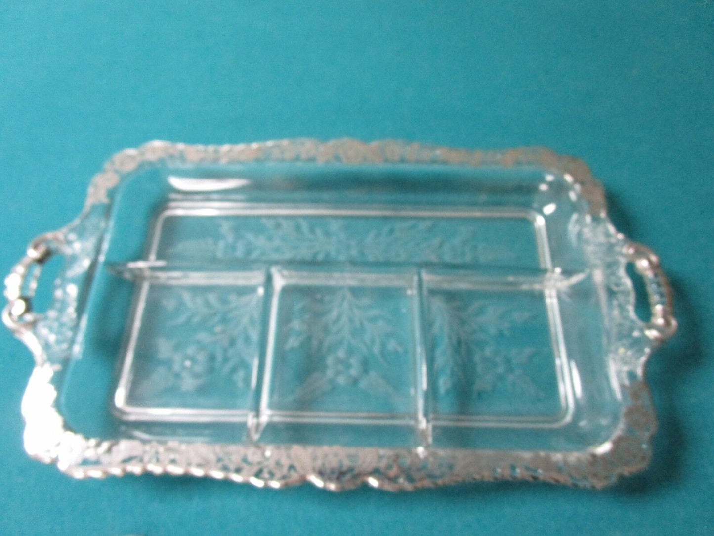 SILVER OVERLAY GLASS TRAY WITH ONE SERVER AND A PIN ANTIQUE