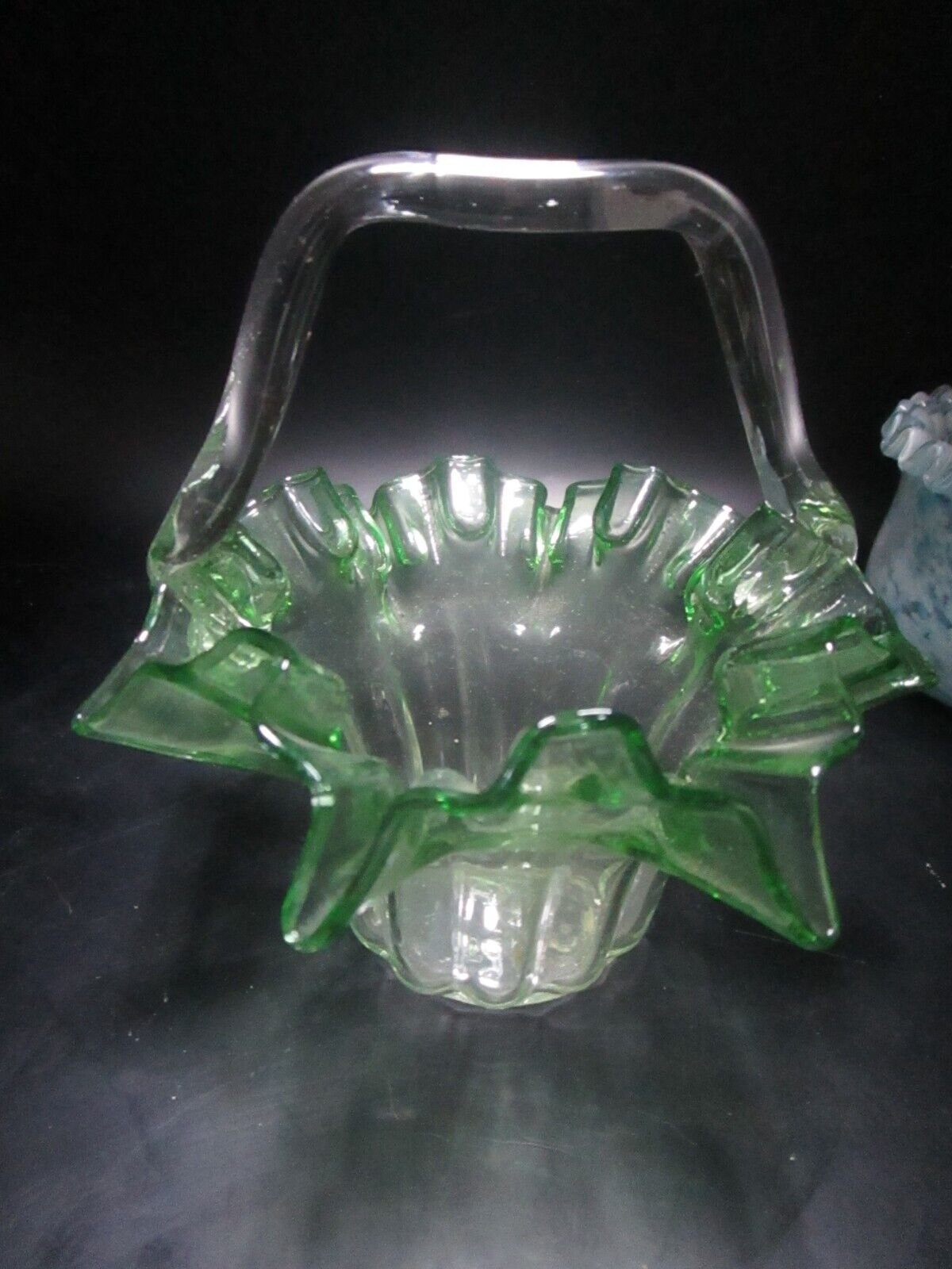 MINI GLASS BASKET FENTON GREEN GLASS CLEAR HANDLE