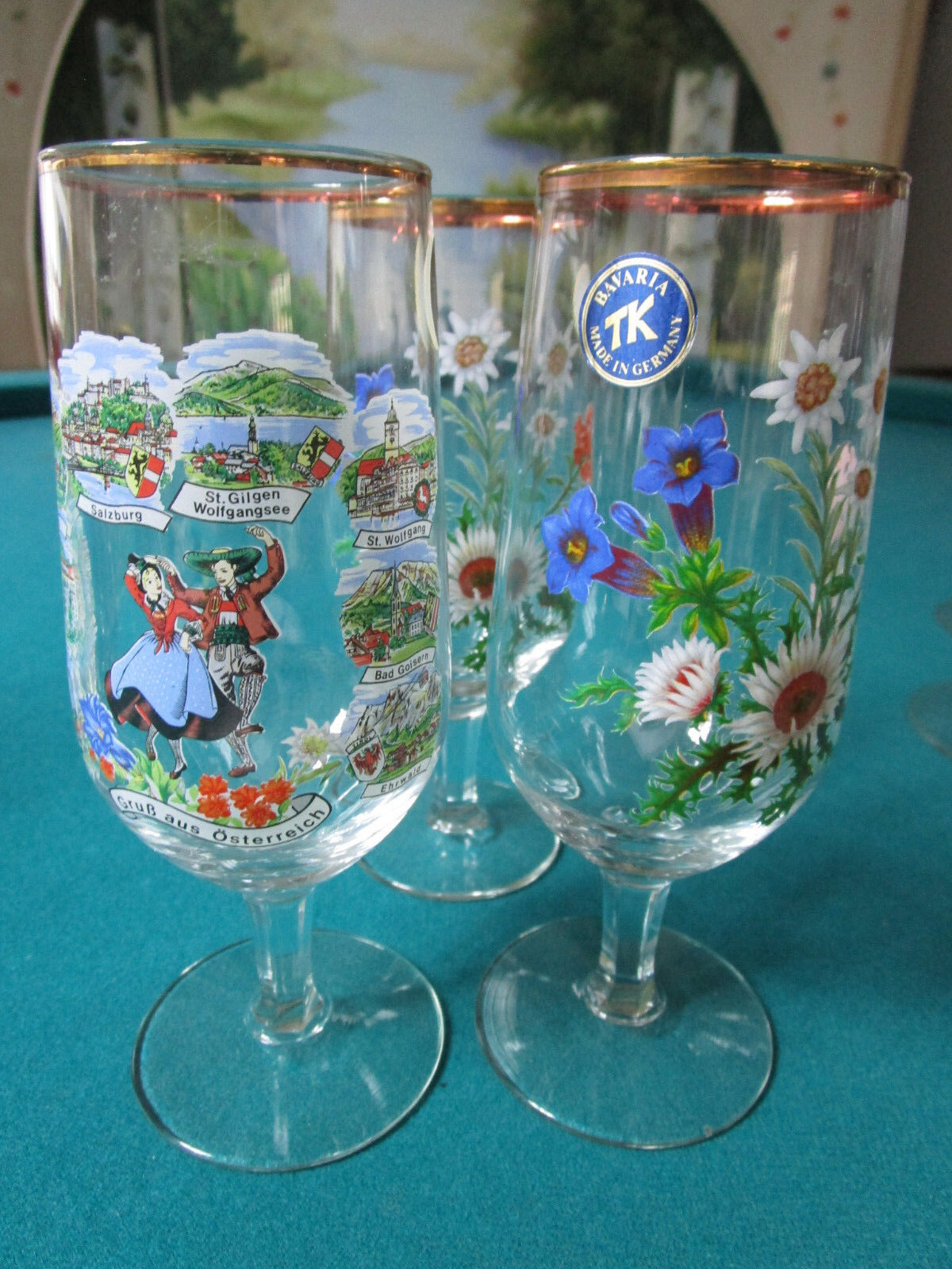 TK BAVARIA GERMANY THREE HAND PAINTED WINE GLASSES FLOWERS DANCING COUPLE SOUVEN