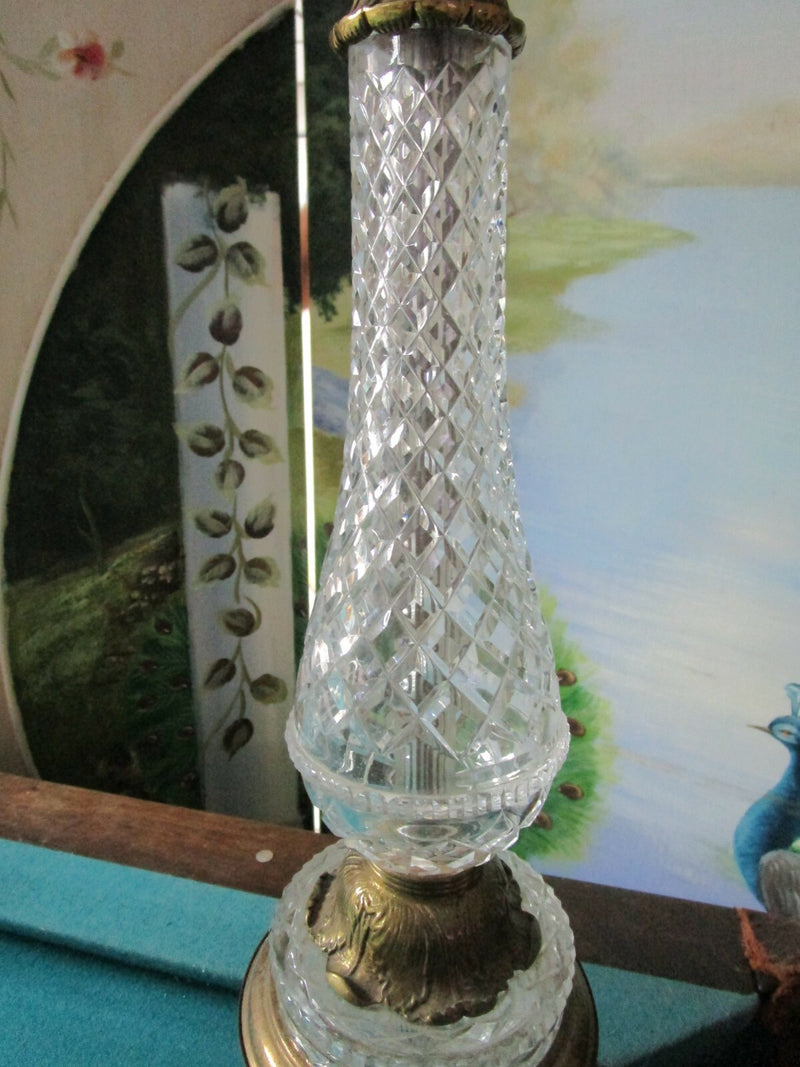 Four Arms Two Lights Brass Depression Glass Diamond Design Electrical Table Lamp