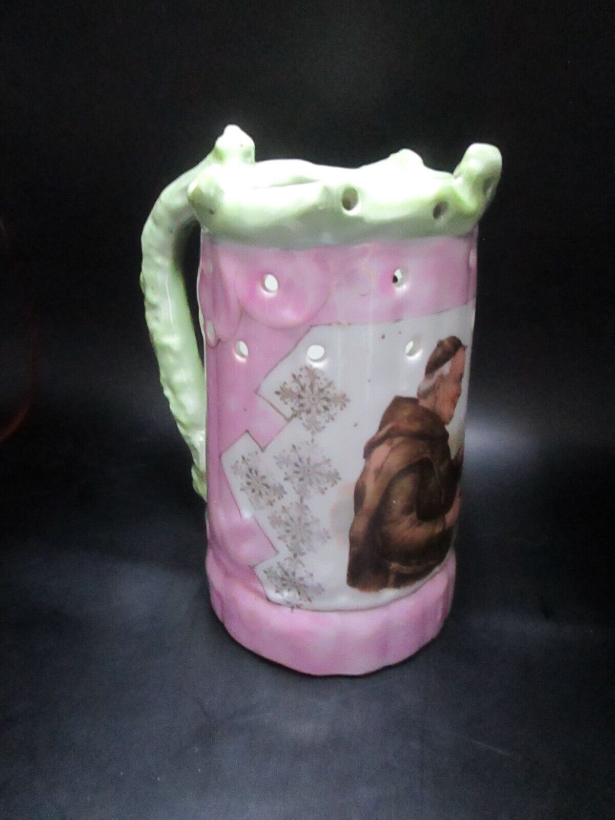 Antique German puzzle mug stein pink with a monk