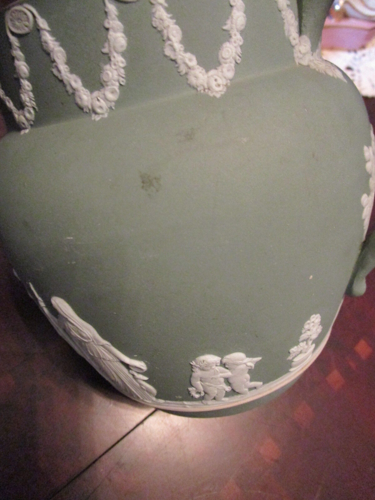 Antique 1800s Wedgwood, England, jug green jasperware, and handle, impressed[*6