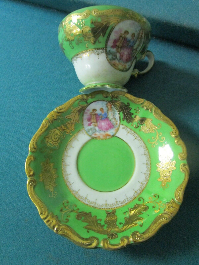 JAPAN LUSTERWARE GREEN FRAGONARD  FLORAL TEA CUP SAUCER [86]