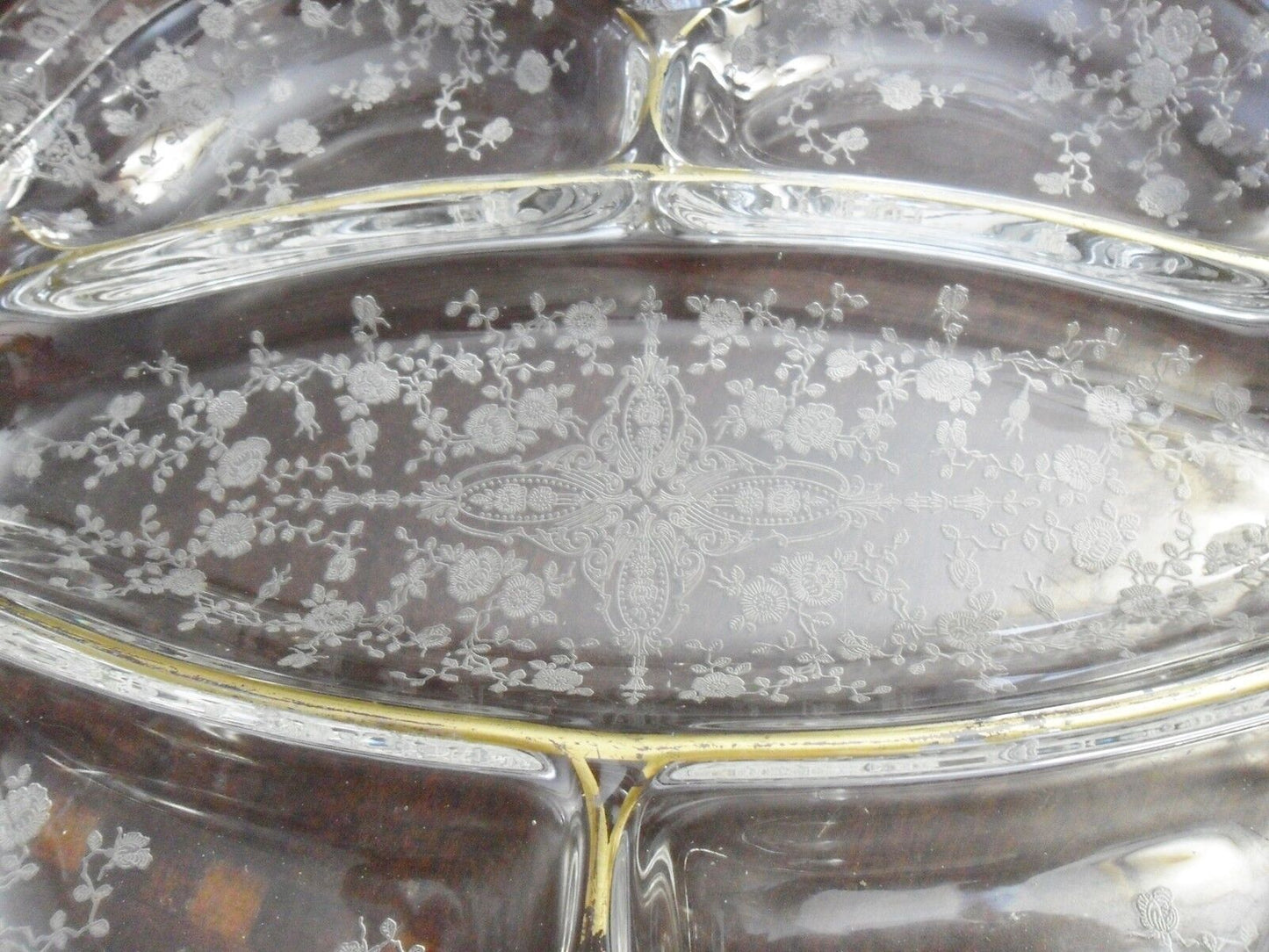 Vtg Wildflower Cambridge crystal print etched glass relish tray divided dish[a5]