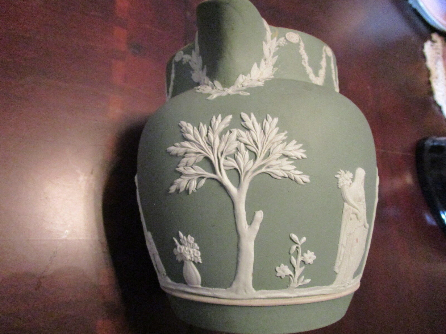 Antique 1800s Wedgwood, England, jug green jasperware, and handle, impressed[*6