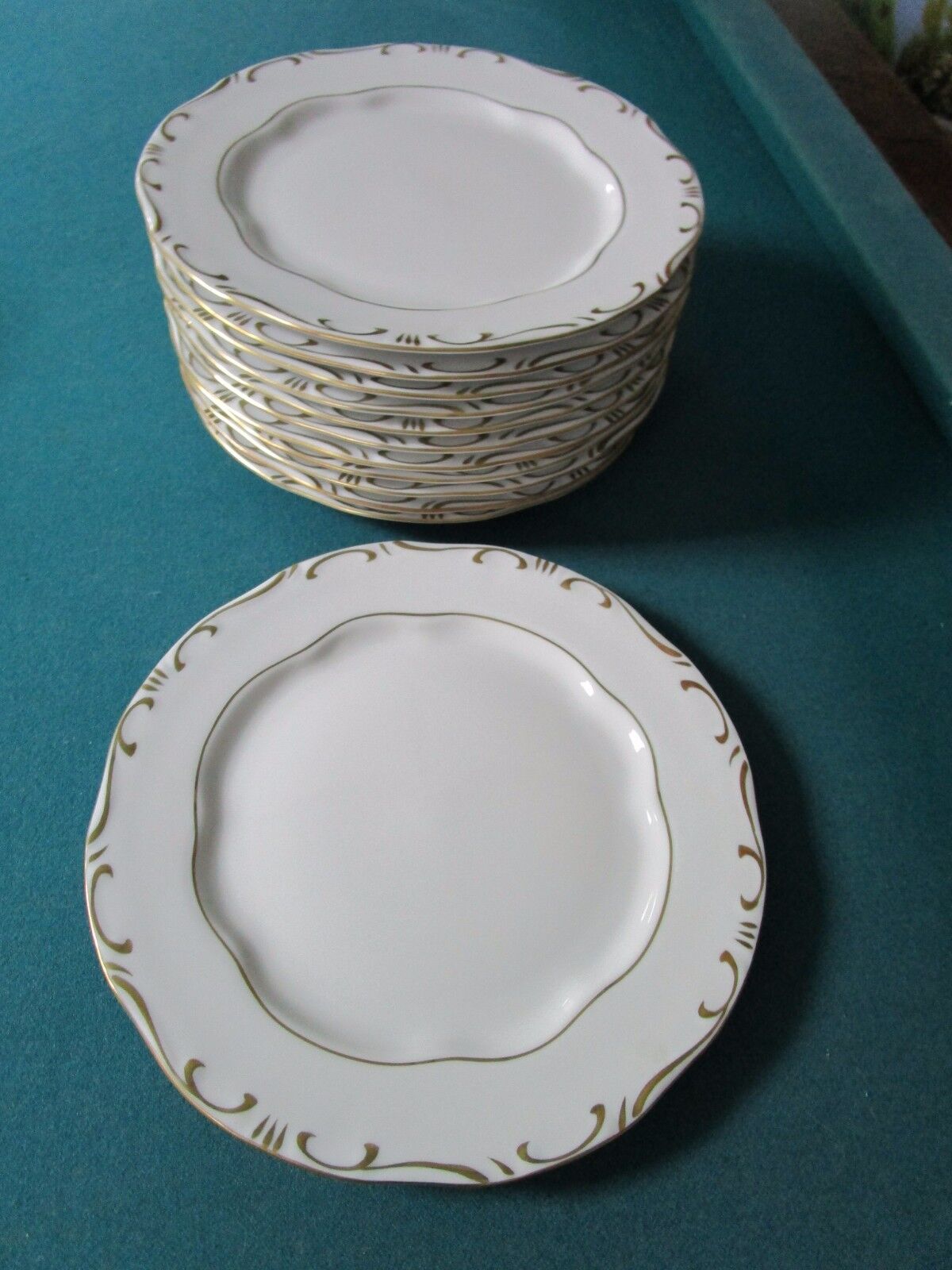 ZSOLNAY HUNGARY 6 BREAD PLATES WHITE CREAM/GOLD ACCENT, 1960s