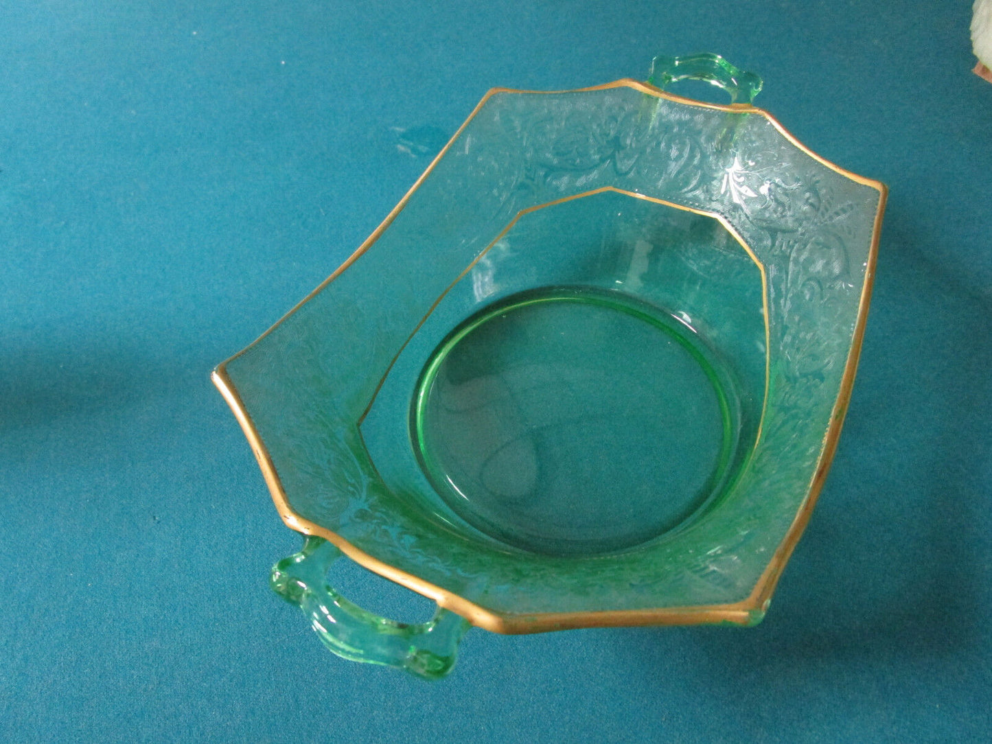 VICTORIAN GREEN GLASS ETCHED  depression  BASKET BOWL GOLD RIM 4 X 8 X 12"