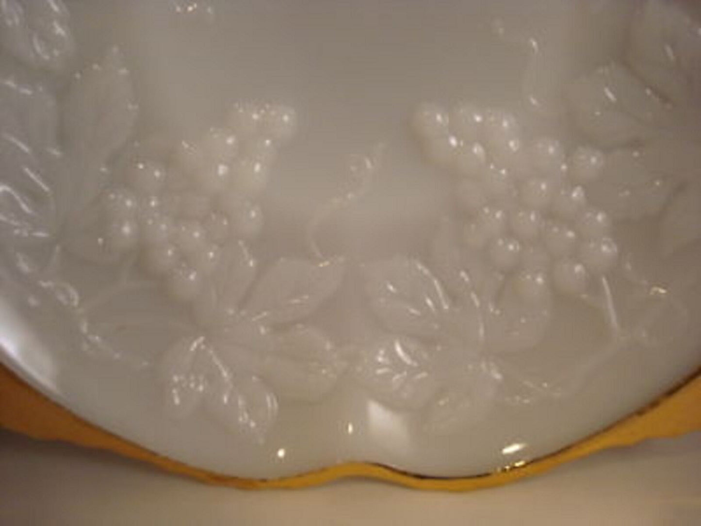 Anchor Hocking footed fruit bowl milk glass grape pattern, gold rim, c1950