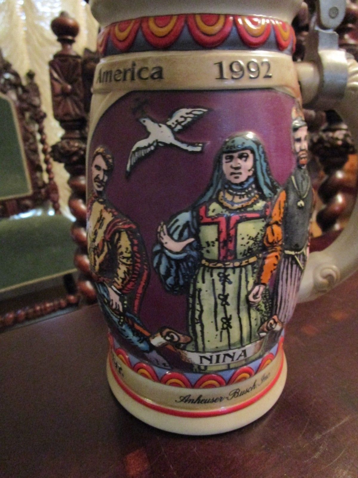 ANHEUSER BUSCH DISCOVERY OF AMERICA NINA COVERED BEER STEIN 8"