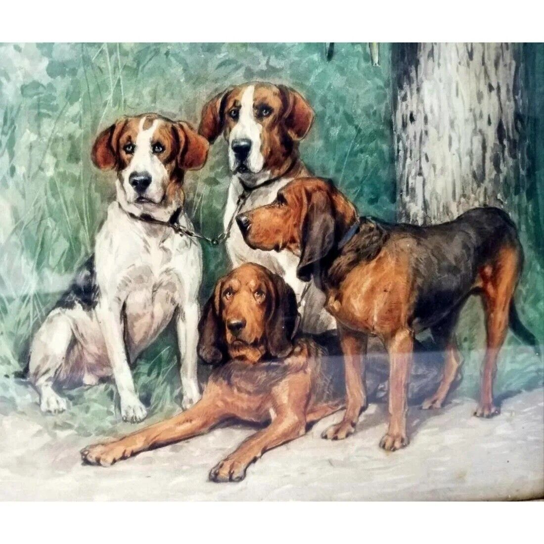 After Charles Olivier de Penne  Hand Colored Photogravure HOUNDS AT REST 1800s