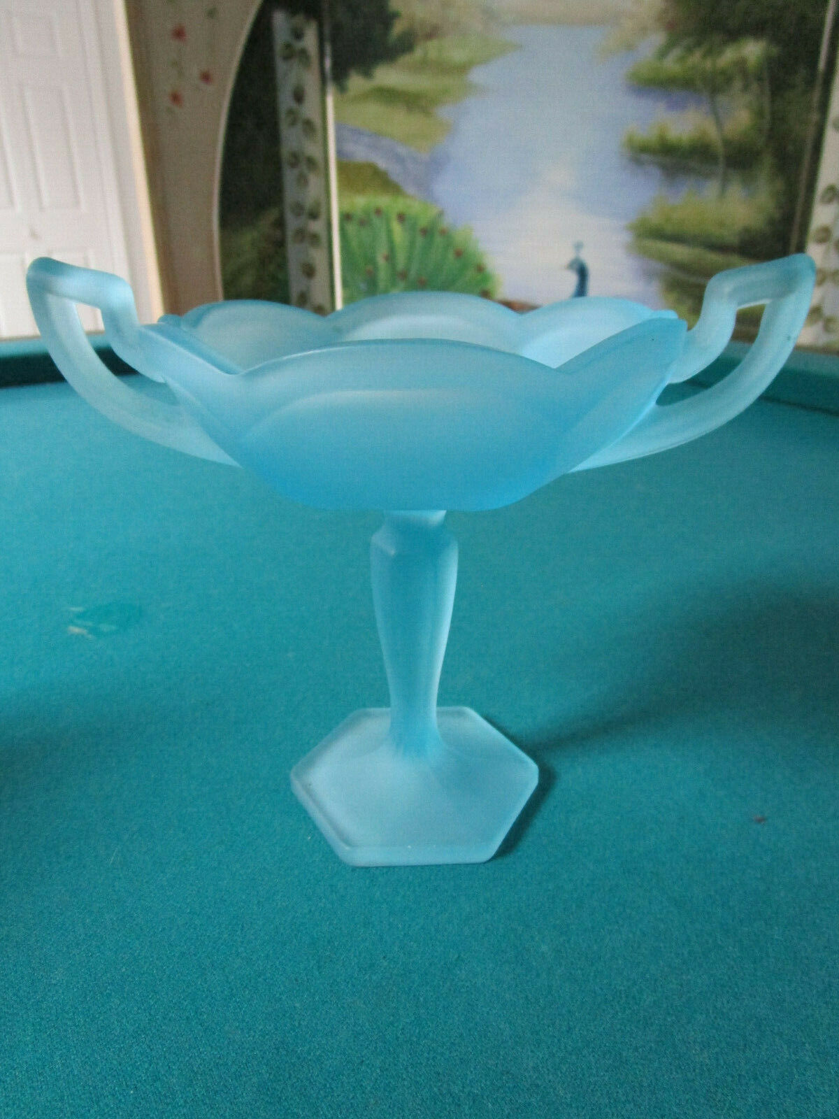 WESTMORELAND FOOTED COMPOTE FROSTED LIGHT BLUE  - GOLDEN SUNSET 6 X 7 1/2" PICK