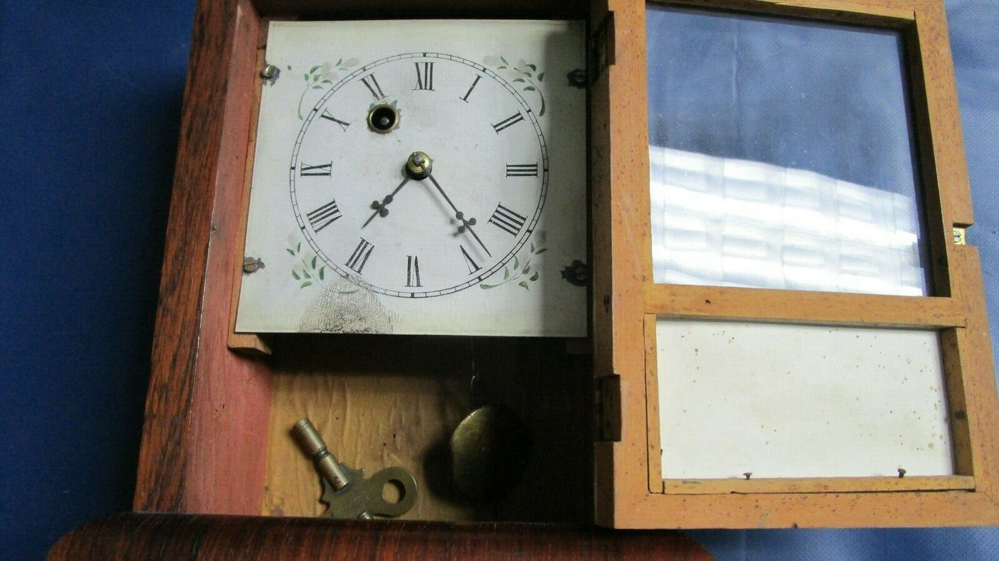 ANTIQUE 1850s WATERBURY KEY CLOCK BRASS REGULATORS GLASS DOOR WORKING 8 DAYS