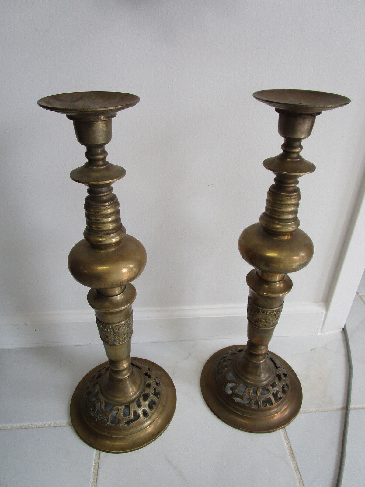 Antique Bronze standing pillar candle holder, made in China, dragon engravings