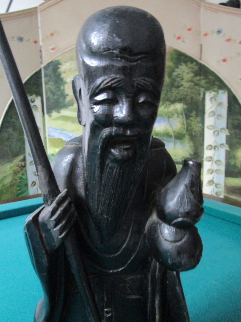 CARVED CHINESE MONK DEITY 13" TALL BLACK WOOD ^^^