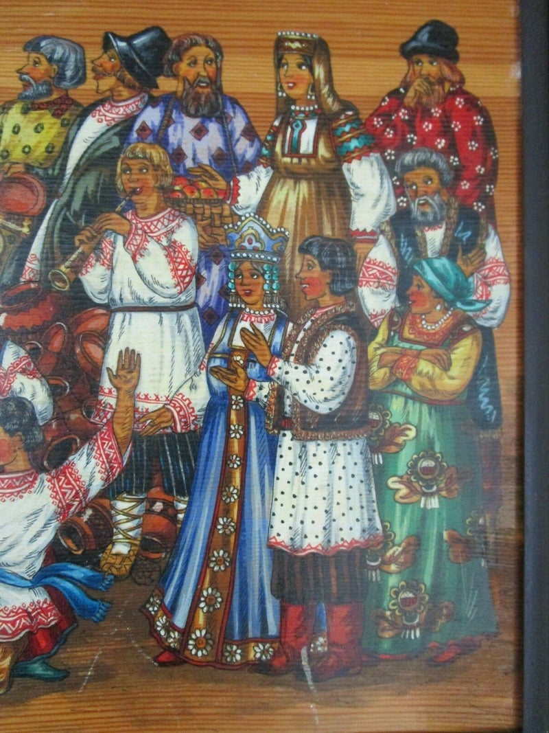 Ukranian Russian Folk Art Original Oil On Board A Wedding