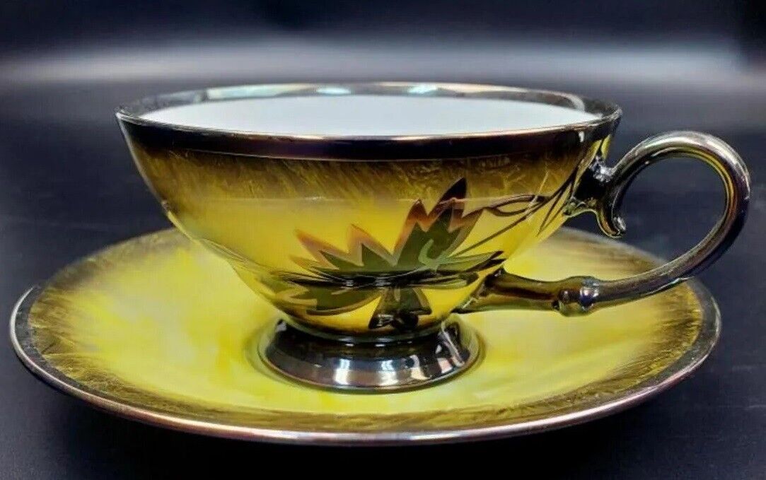 TIRSHENREUTHER GERMANY COFFEE SET BLACK GREEN YELLOW LEAVES PLATINUM 12PCS [84b]