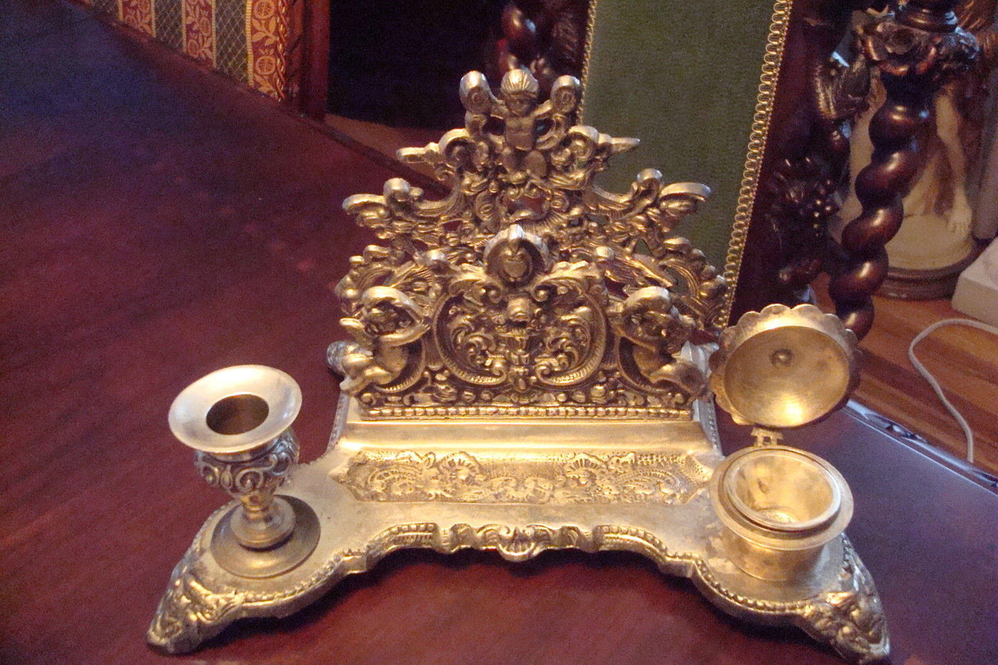 Victorian, antique Silver Plated ink stand, features an ornate base[*]