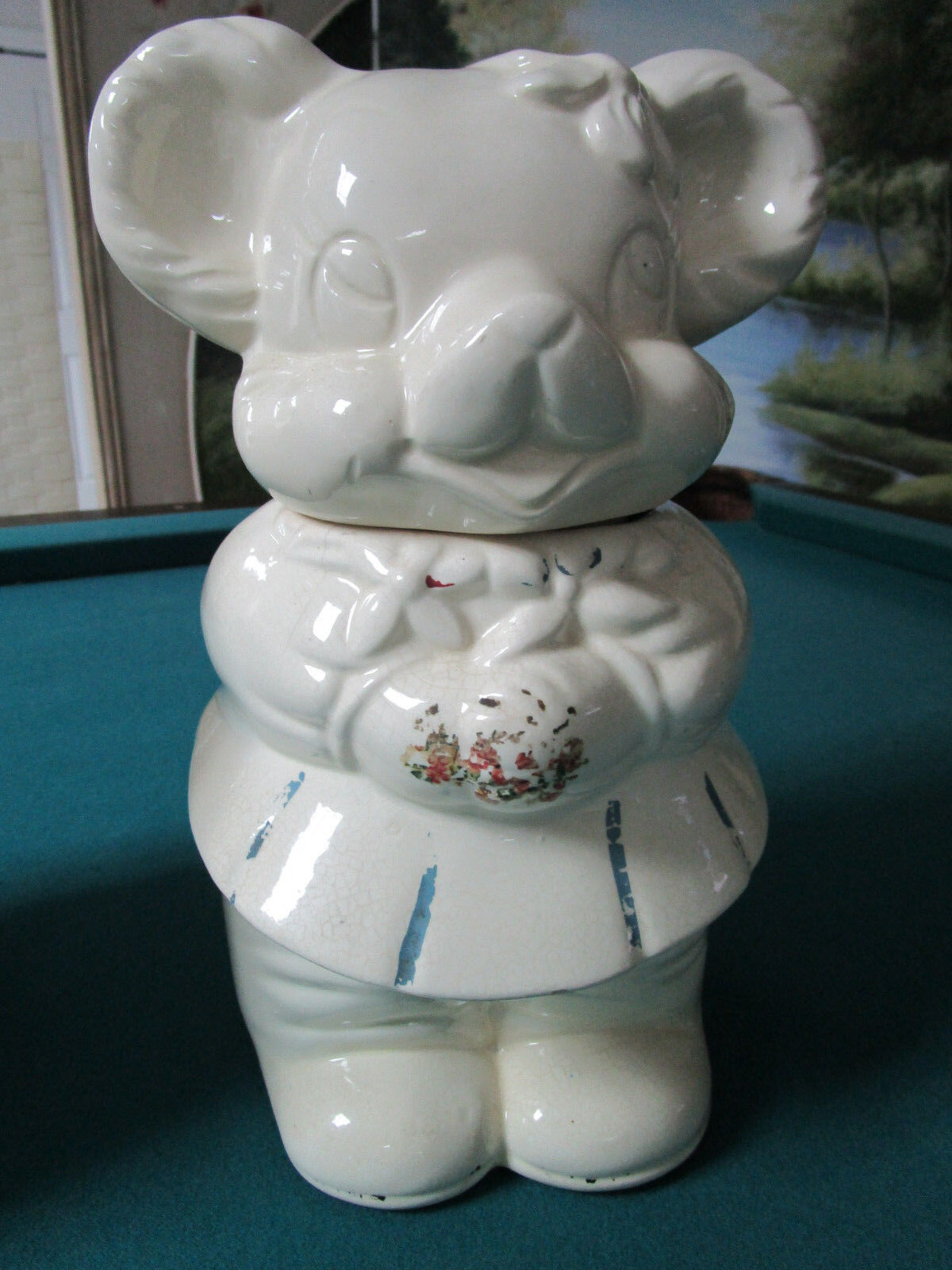 VINTAGE AMERICAN BISQUE TURNABOUT BEAR COOKIE JAR TWO SIDED BOY&GIRL,12" tall