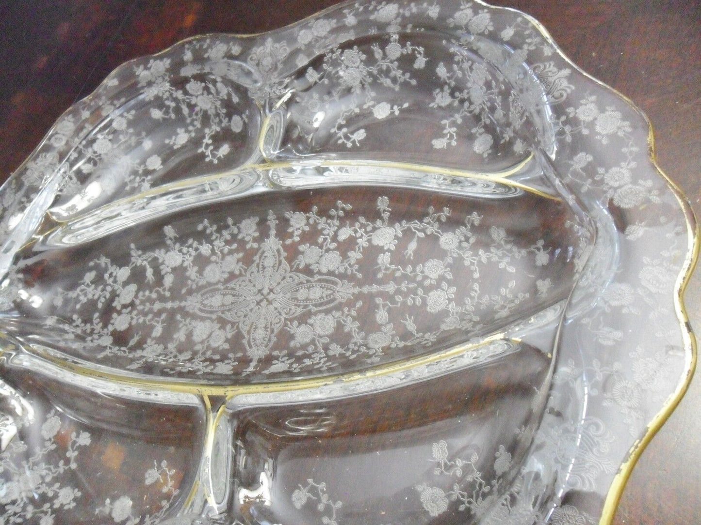 Vtg Wildflower Cambridge crystal print etched glass relish tray divided dish[a5]