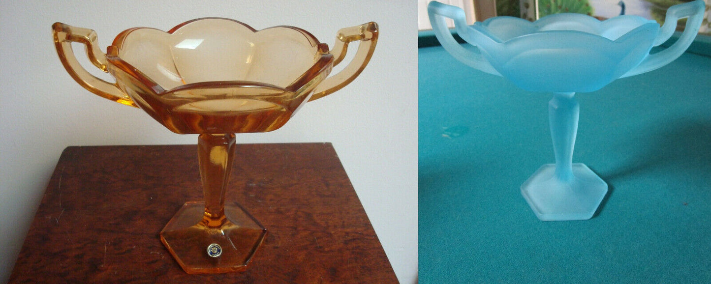 WESTMORELAND FOOTED COMPOTE FROSTED LIGHT BLUE  - GOLDEN SUNSET 6 X 7 1/2" PICK