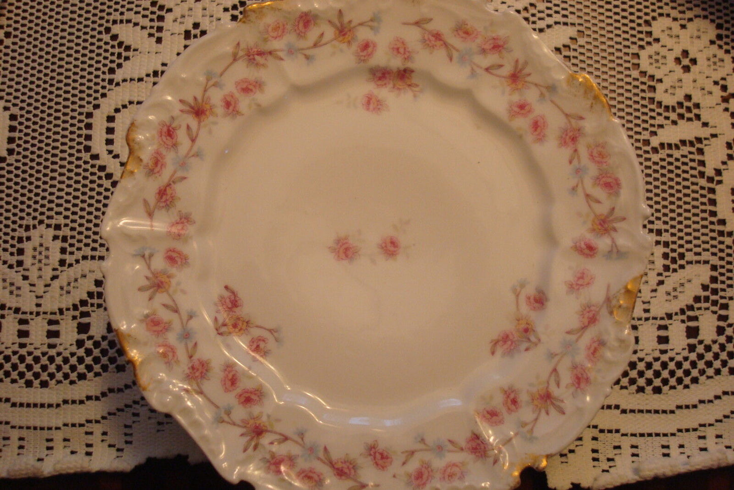 1900s France Limoges 6 bread plates MOLDED BORDERS, GOLD PINK FLOWERS GARLANDS