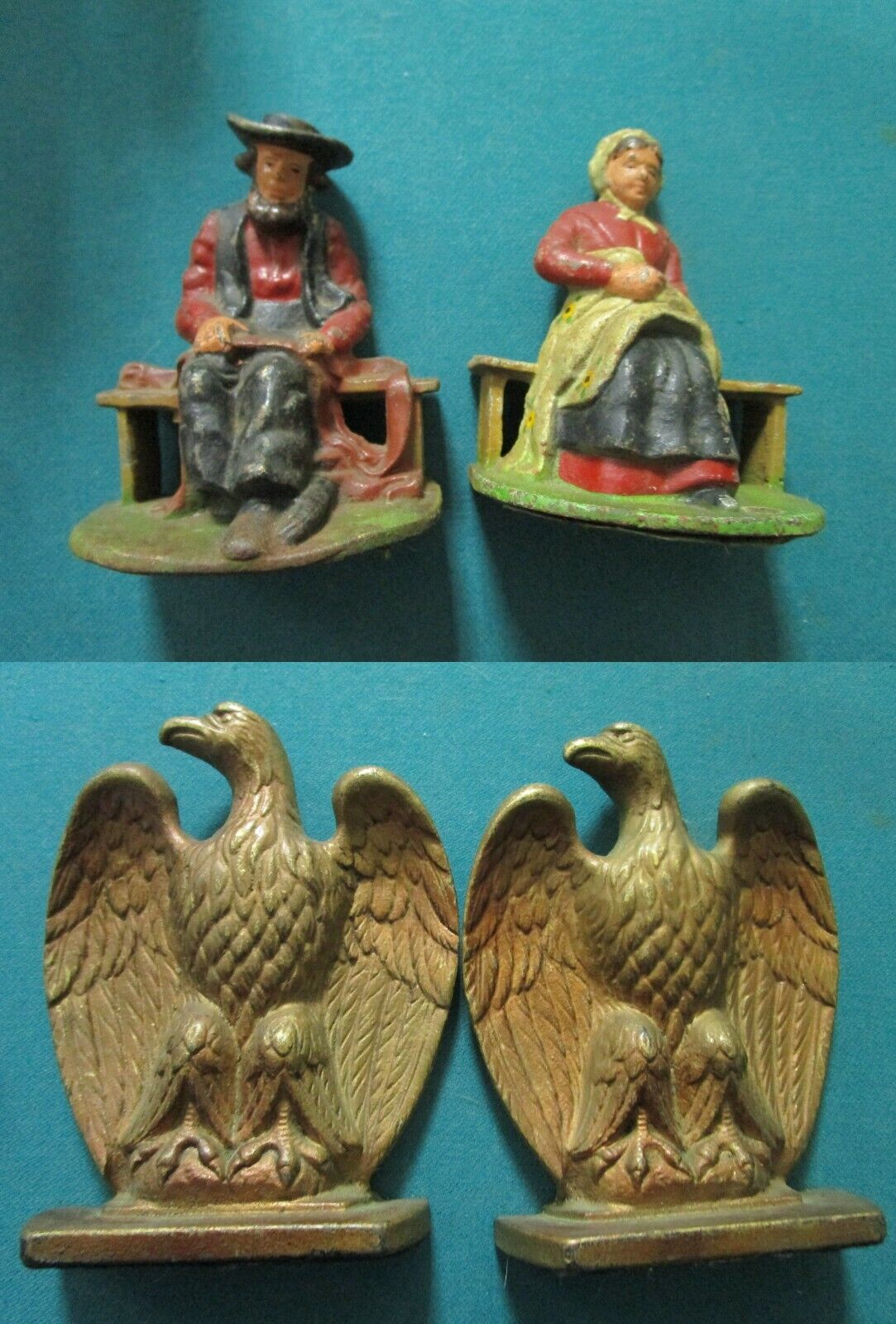 ANTIQUE CAST IRON BOOKENDS BALD EAGLES  / AMISH COUPLE PICK ONE