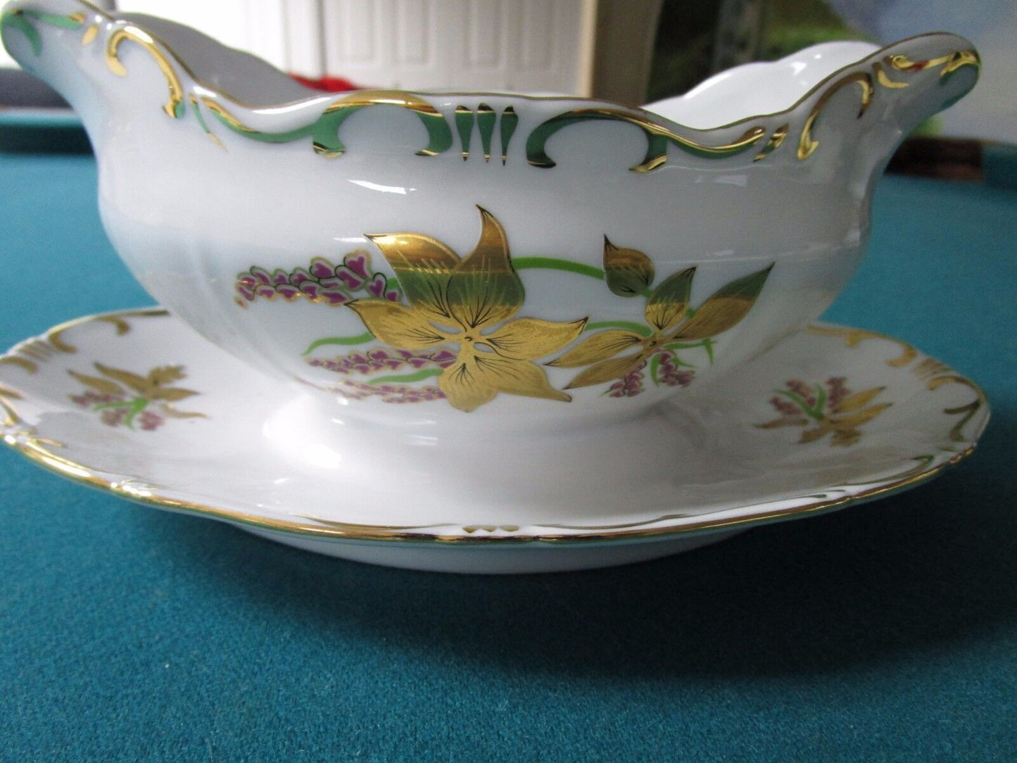 Zsolnay Hungary Gravy Boat Attached Underplate Golden Iris 1940s [58]