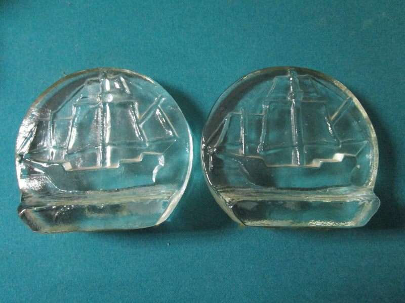 Blenko Sailing Ship Glass Bookends Mid Century - A Pair 6 X 6" ORIG [GL8]